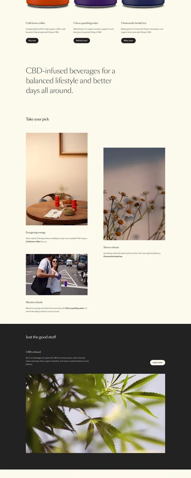 Good Day beverage landing page, editorial, light-mode, light