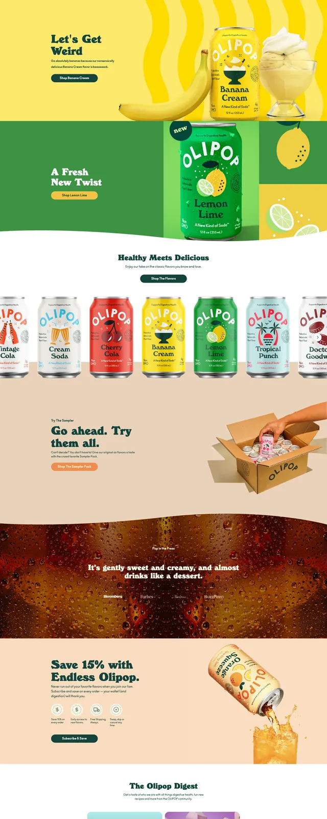 Olipop playful ecommerce landing page, playful, editorial, pastel