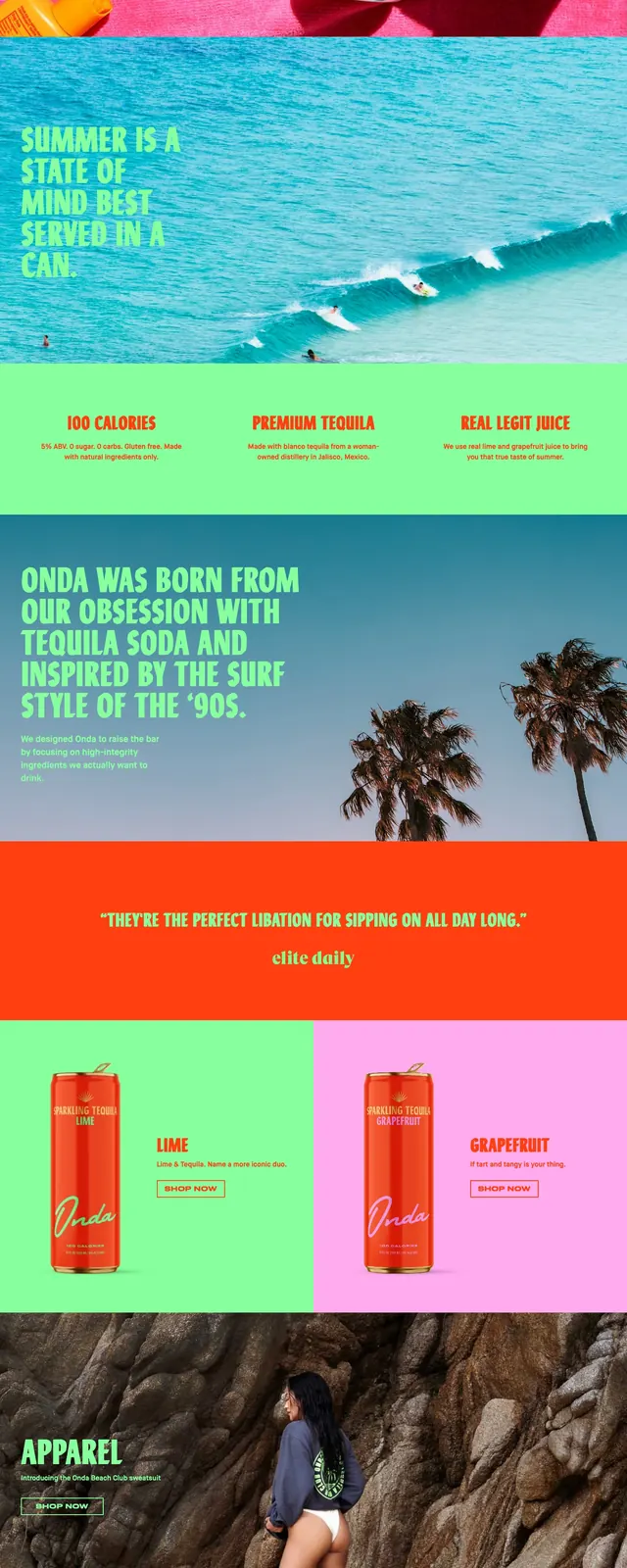 Bold surf-inspired beverage landing page, retro, maximalist, vibrant