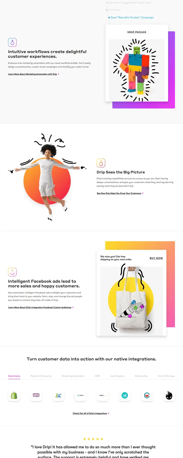 Drip full-color SaaS landing page, illustrated, playful, light