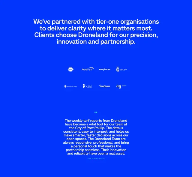 Droneland partners and testimonial, minimal, corporate-clean, vibrant
