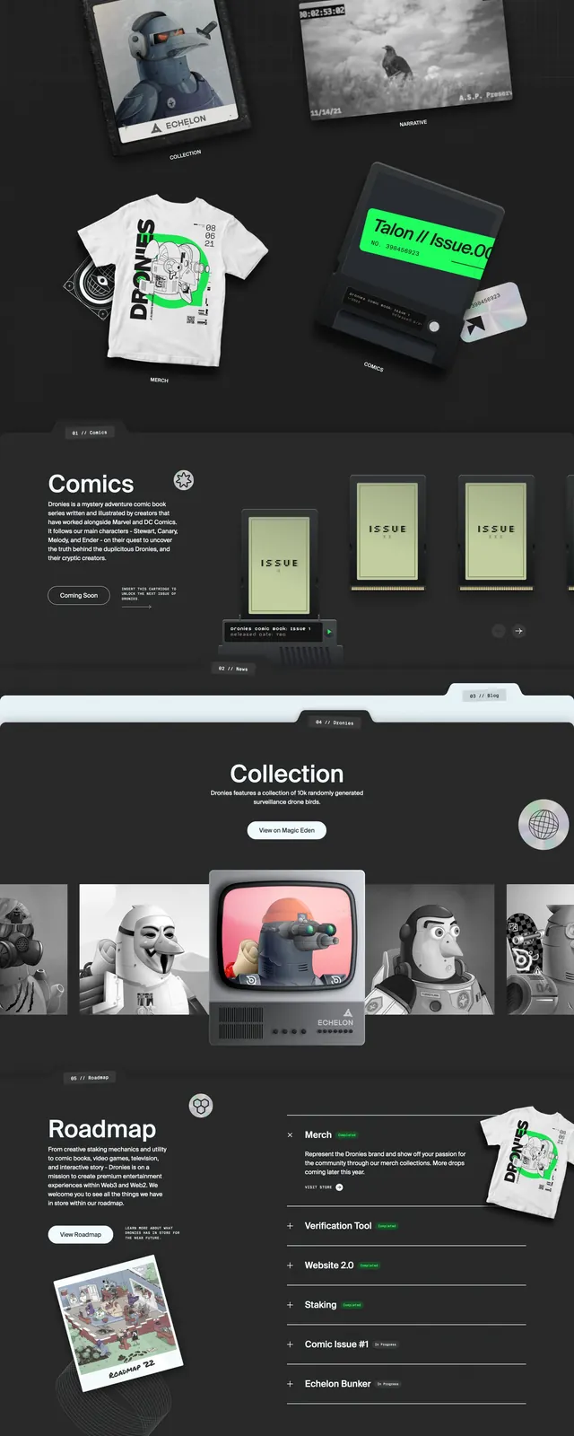 Dark Dronies Landing Page, dark-mode, editorial, dark