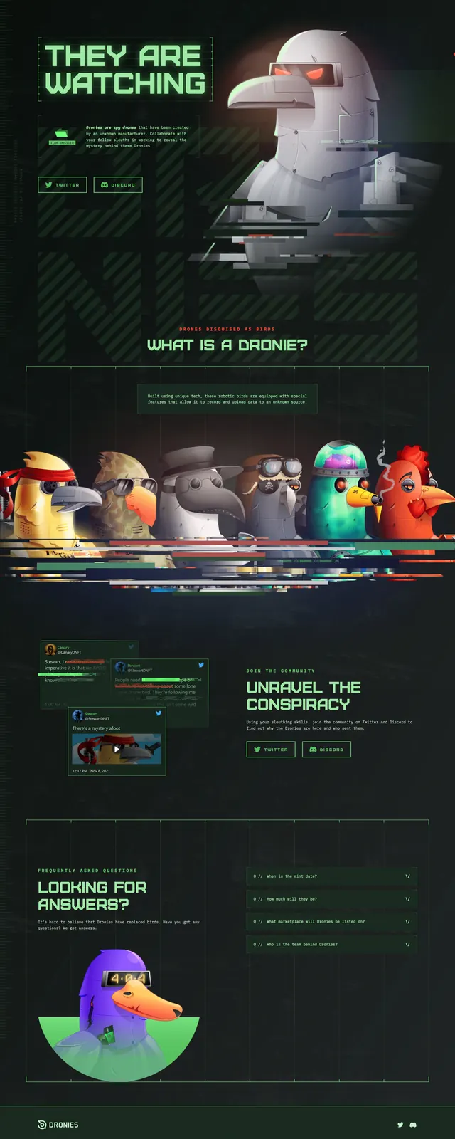 Dronies dark sci-fi landing page, dark-mode, illustrated, dark