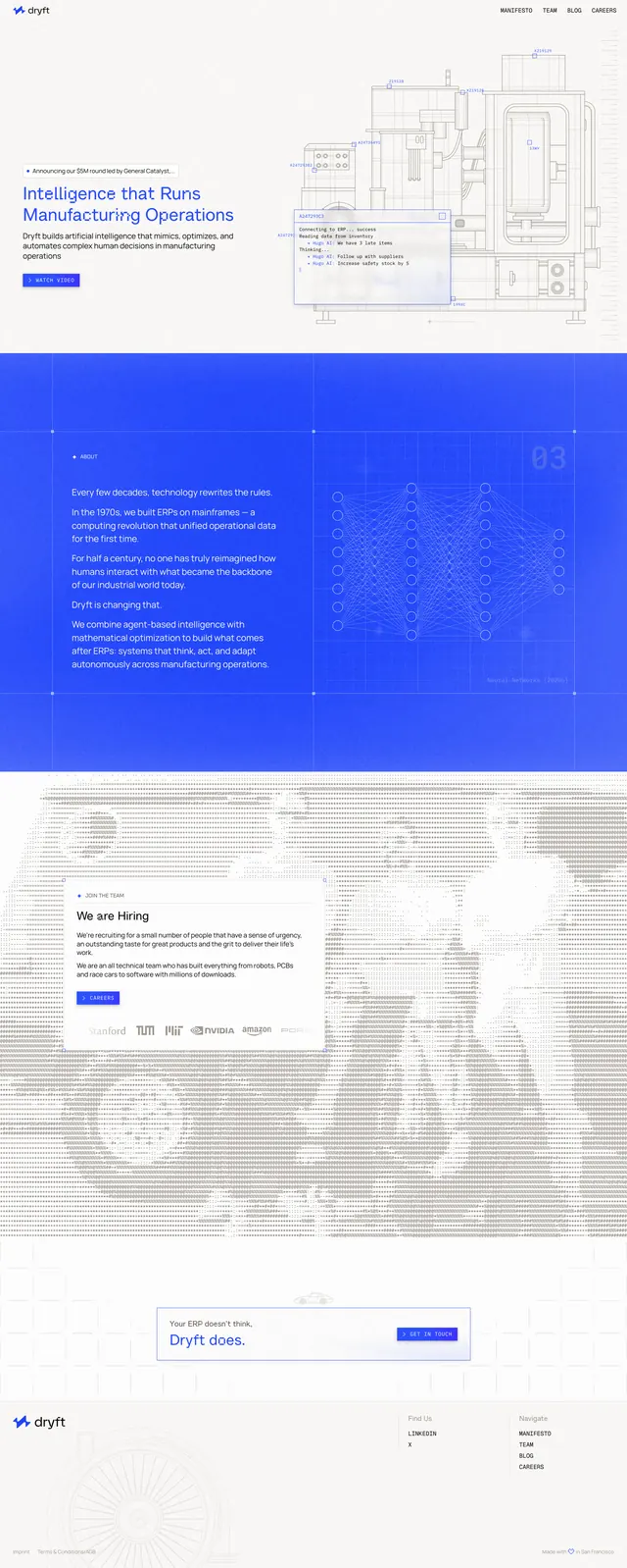 Dryft industrial AI landing page, minimal, technical, light