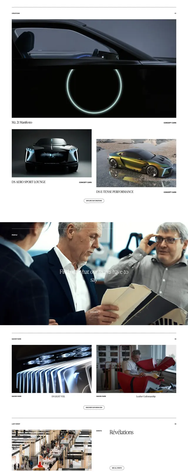 DS Design Studio automotive landing page, editorial, luxury, dark
