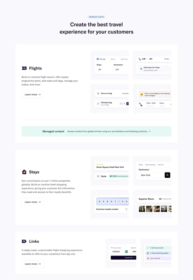 Duffel product suite sections, minimal, light-mode, light