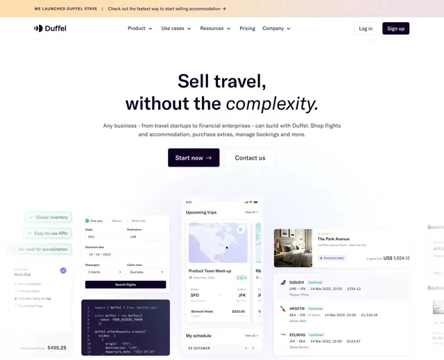 Duffel travel platform hero collage, minimal, light-mode, light