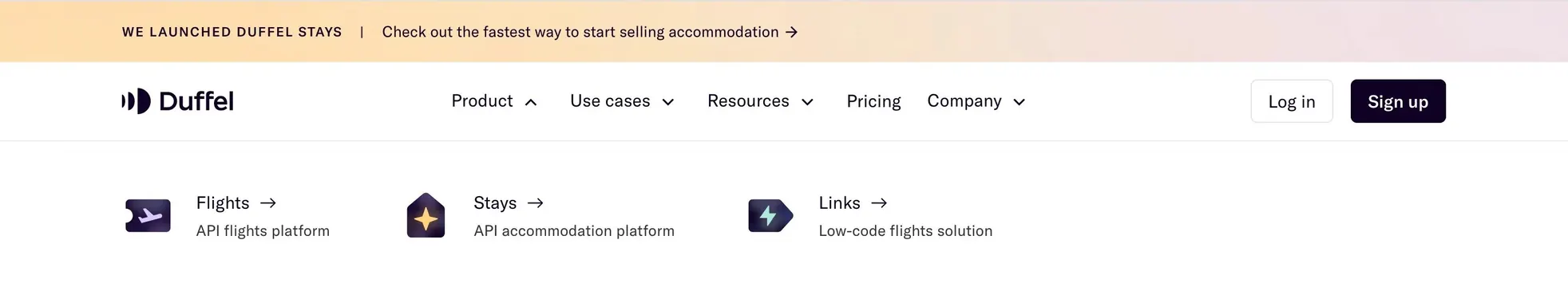 Duffel product navbar dropdown, minimal, light-mode, light