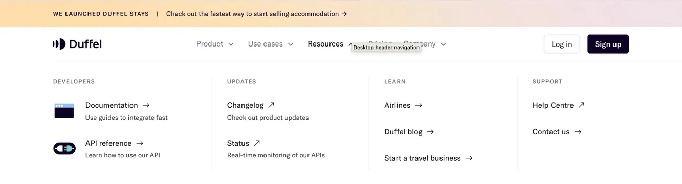 Duffel resources mega-menu, minimal, light-mode, light