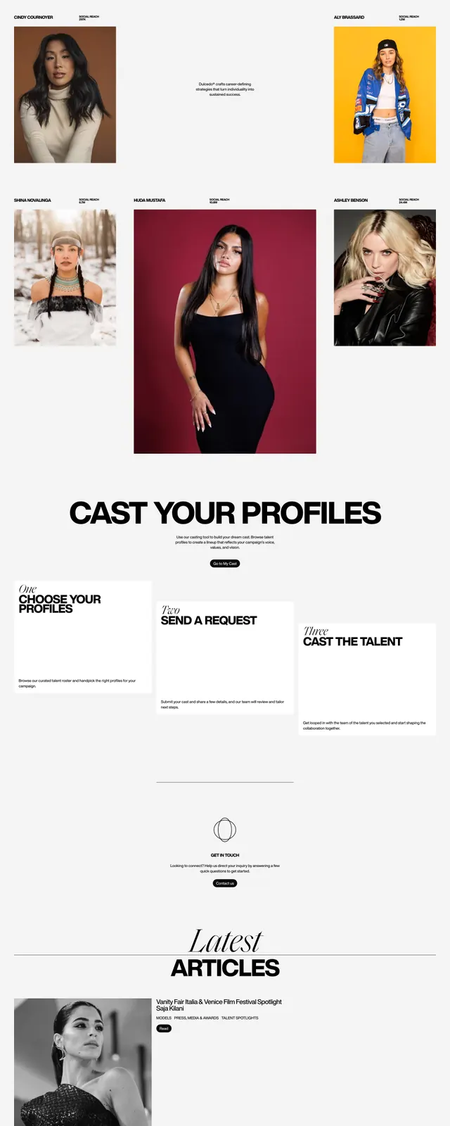 Dulcedo editorial agency landing page, luxury, editorial, dark
