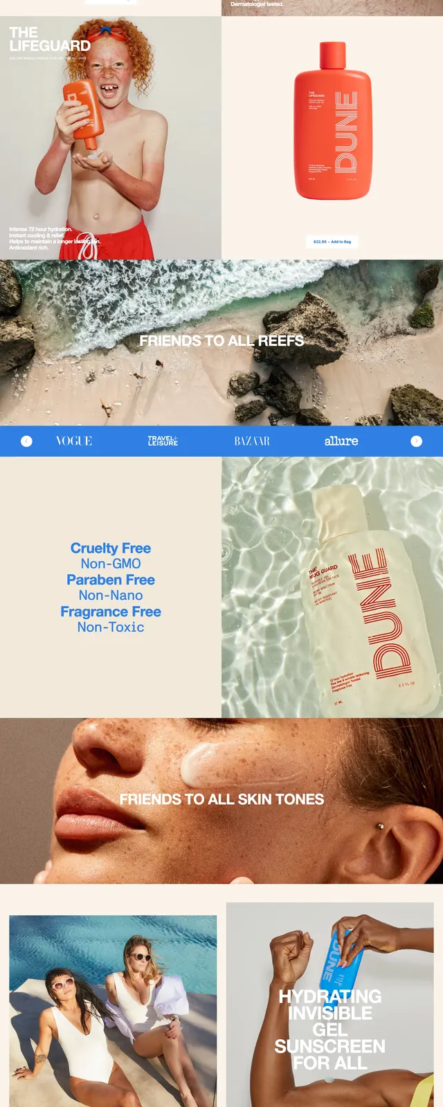 Dunes sunscreen landing page, photographic, editorial, light