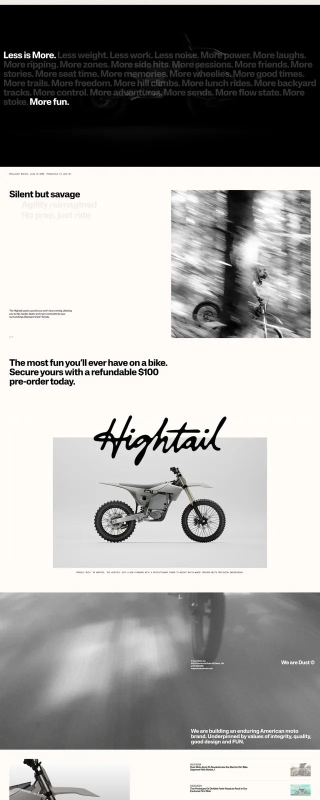 Dustmoto dirt bike landing page, minimal, editorial, light