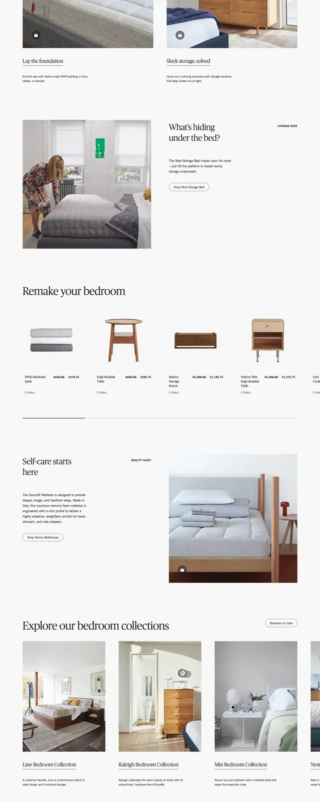 DWR bedroom sale landing page, editorial, luxury, light