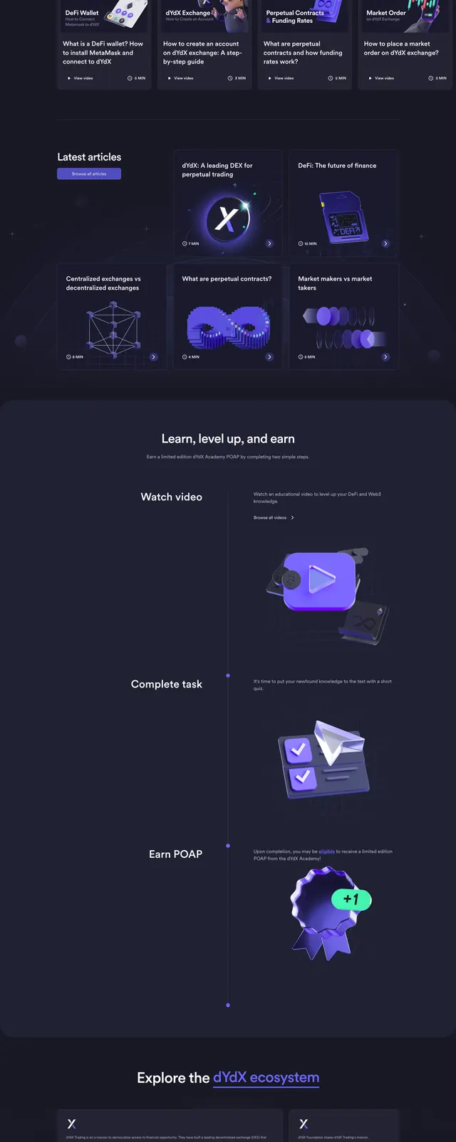 dYdX Academy Landing Page, dark-mode, 3d-render, dark