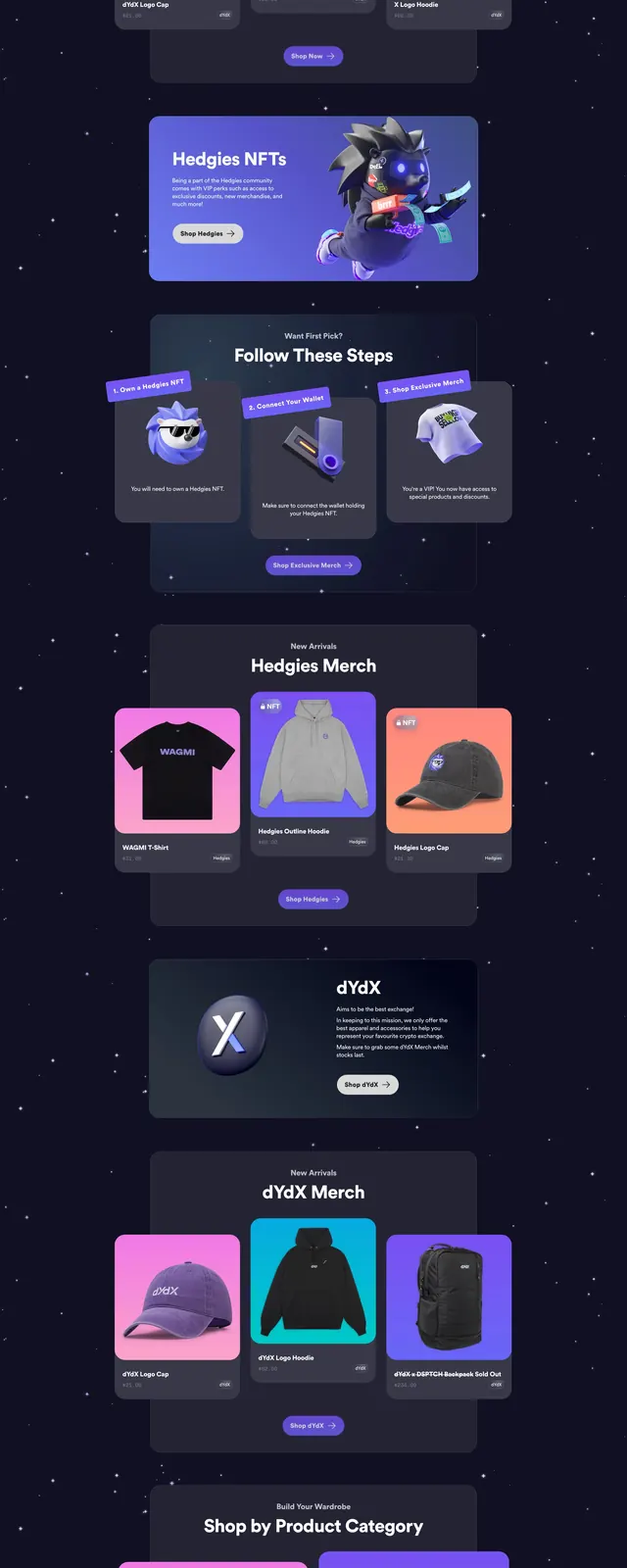 dYdX merch storefront hero, dark-mode, 3d-render, dark