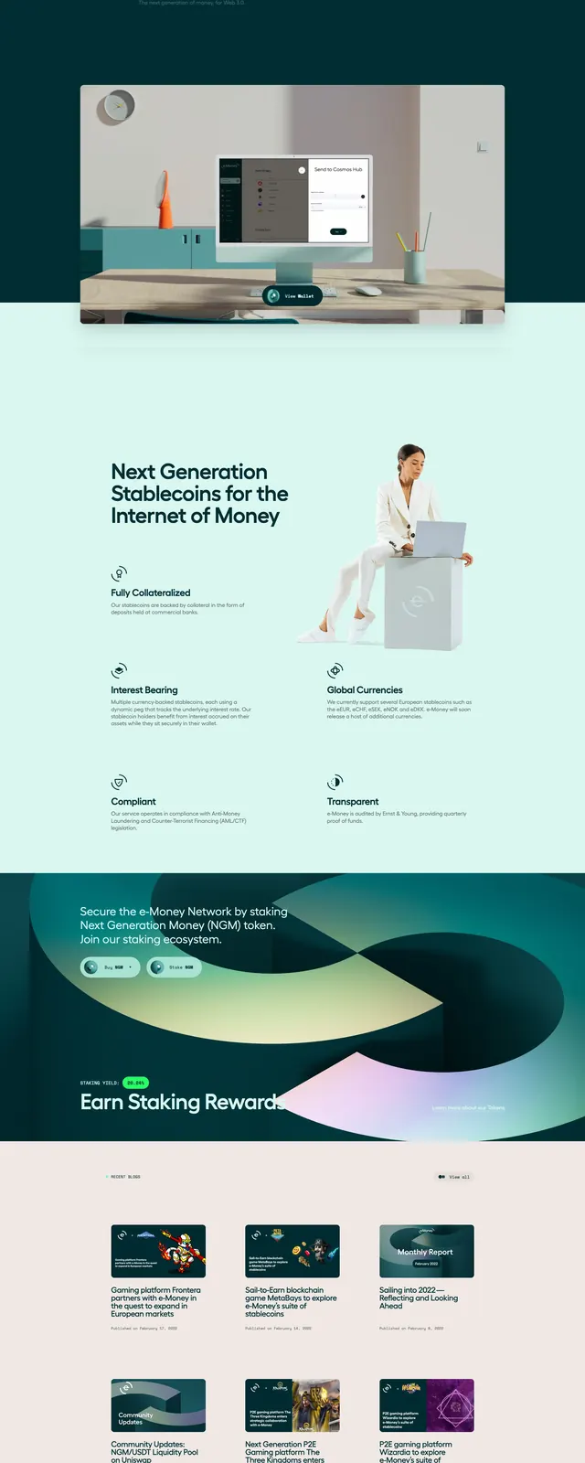 E Money 3D fintech hero, 3d-render, gradient-heavy, cool