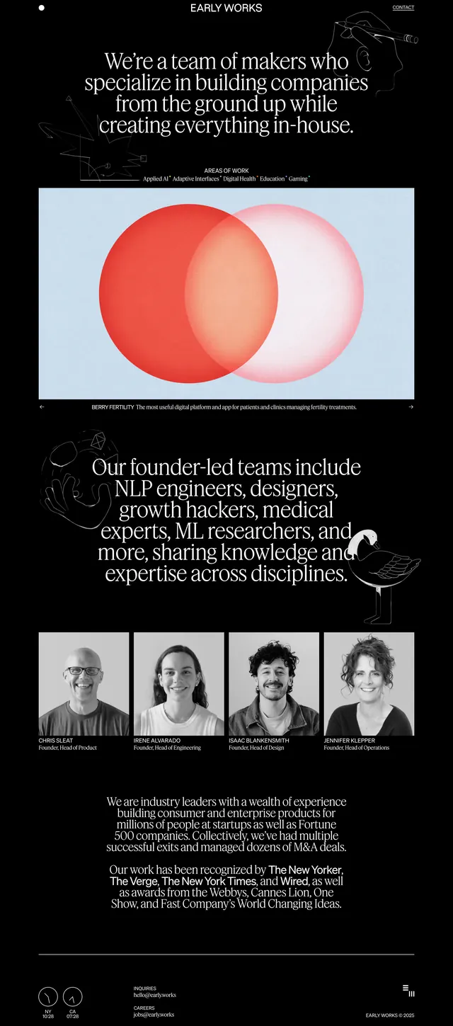 Early Works agency page, dark-mode, editorial, dark