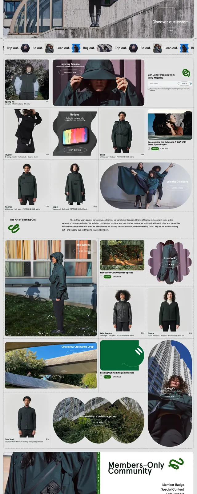 Early Majority outdoor fashion homepage, editorial, photographic, light
