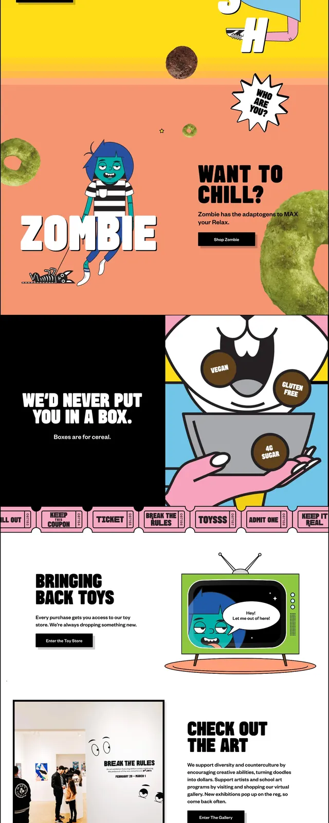 Offlimits cartoon cereal landing page, playful, illustrated, vibrant