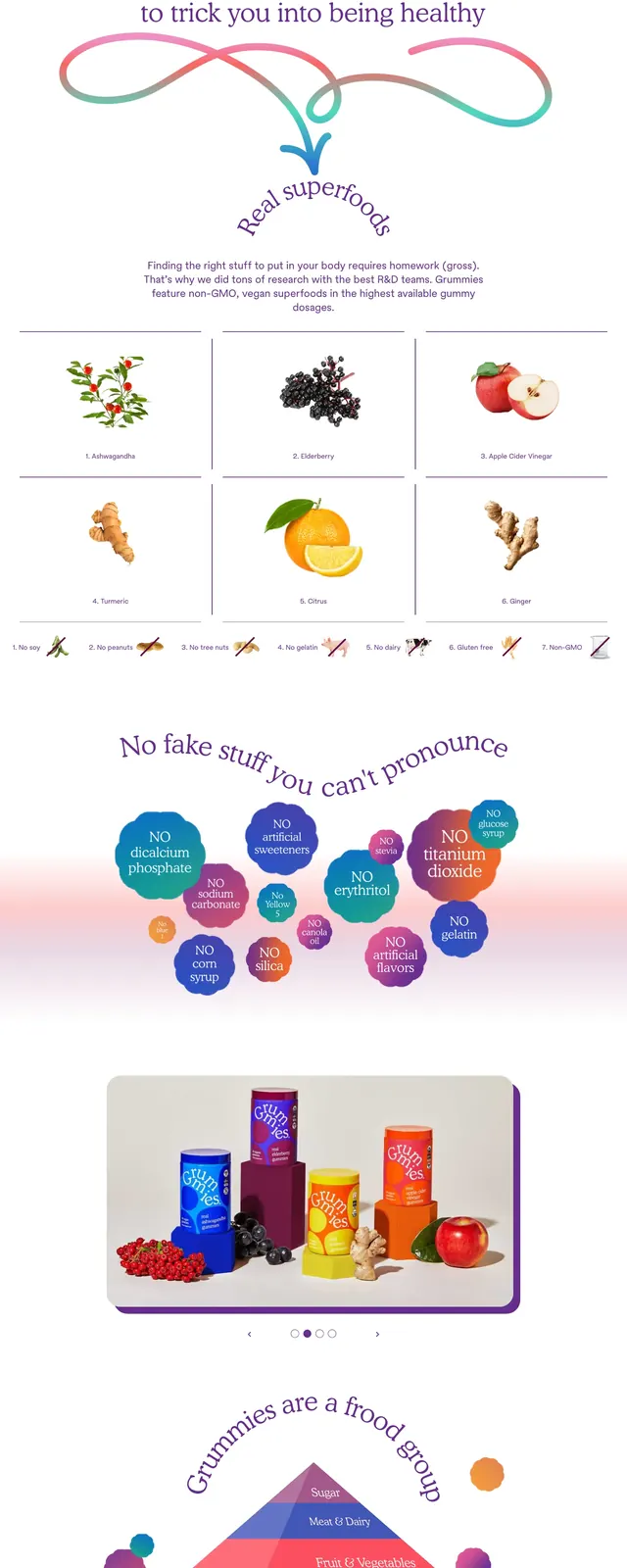 Grummies product landing page, playful, gradient-heavy, light