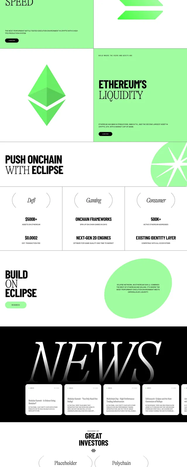 Eclipse crypto landing page, dark-mode, editorial, dark