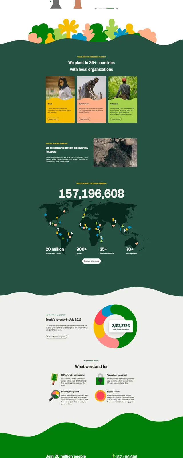 Ecosia Nature Landing Page, organic, illustrated, light