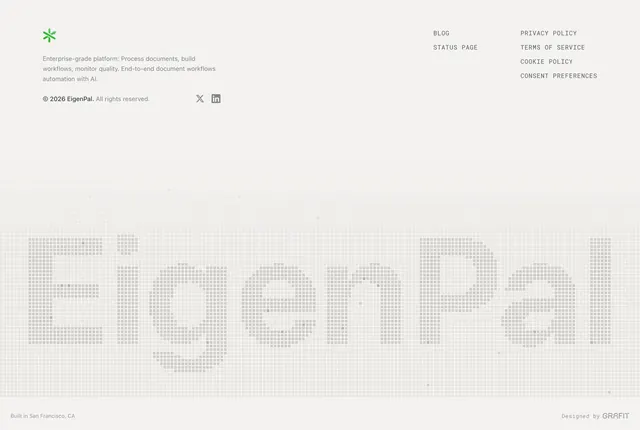 EigenPal pixel watermark footer, minimal, light-mode, light