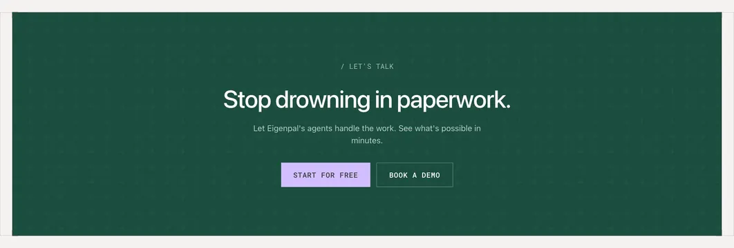 EigenPal stop drowning CTA, dark-mode, minimal, dark