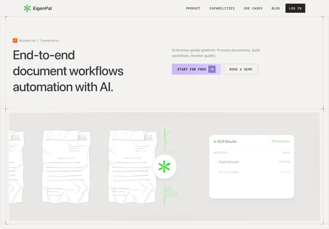 EigenPal document automation hero, minimal, light-mode, light