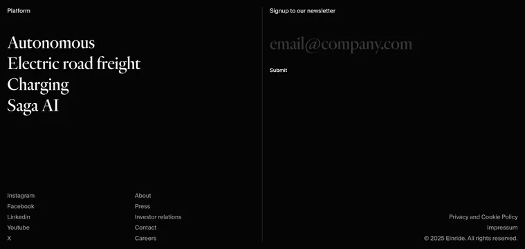 Einride editorial footer with newsletter, dark-mode, minimal, dark