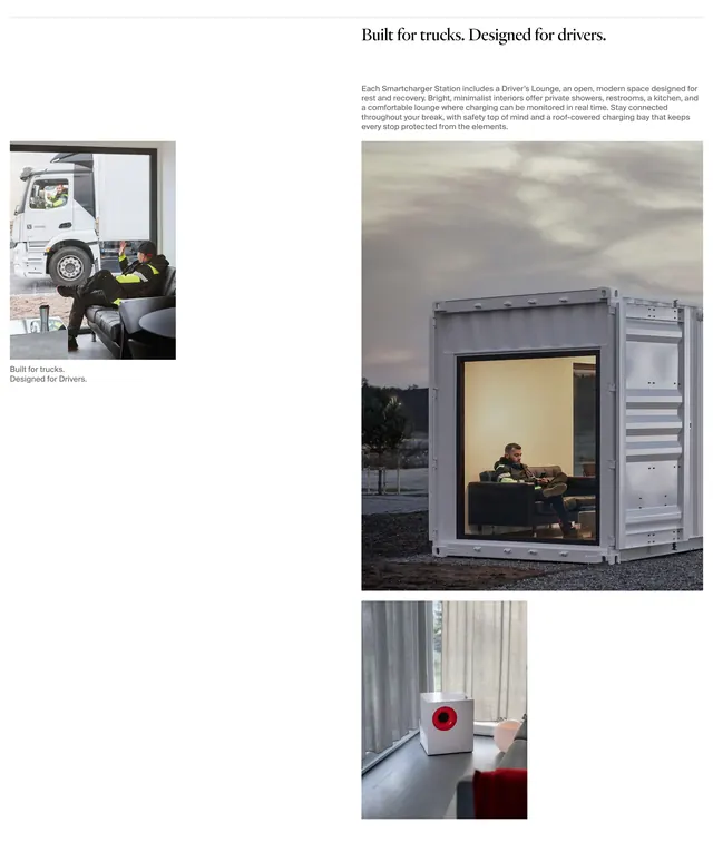 Einride Smartcharger driver lounge grid, editorial, minimal, light