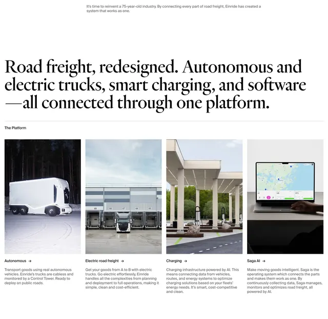 Einride platform four-pillar grid, editorial, minimal, light