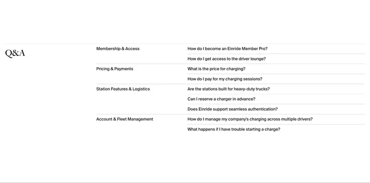 Einride three-column FAQ layout, minimal, light-mode, light