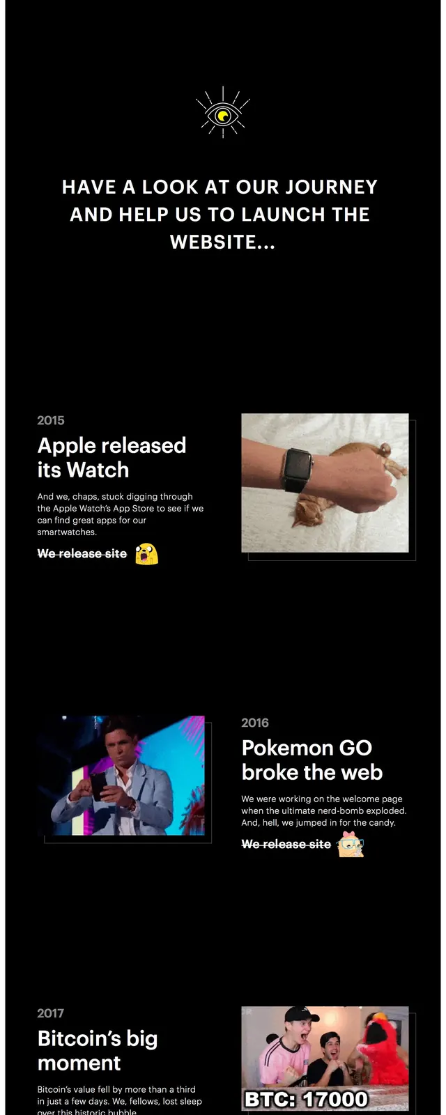 Eleken retro launch timeline, editorial, dark-mode, dark