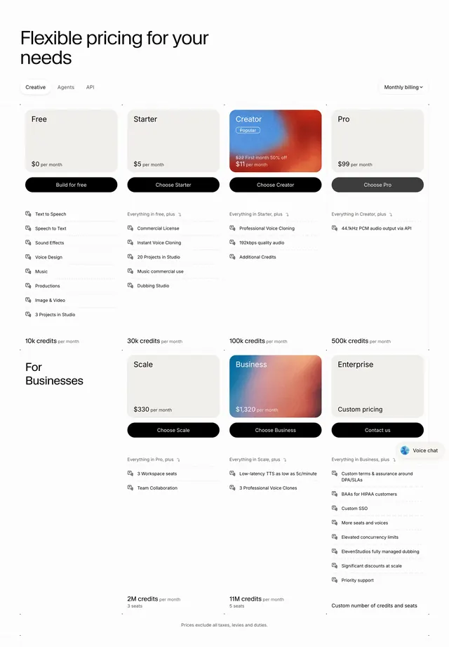 ElevenLabs flexible pricing grid, minimal, light-mode, light