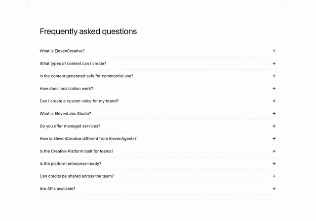 ElevenLabs product FAQ accordion, minimal, light-mode, light