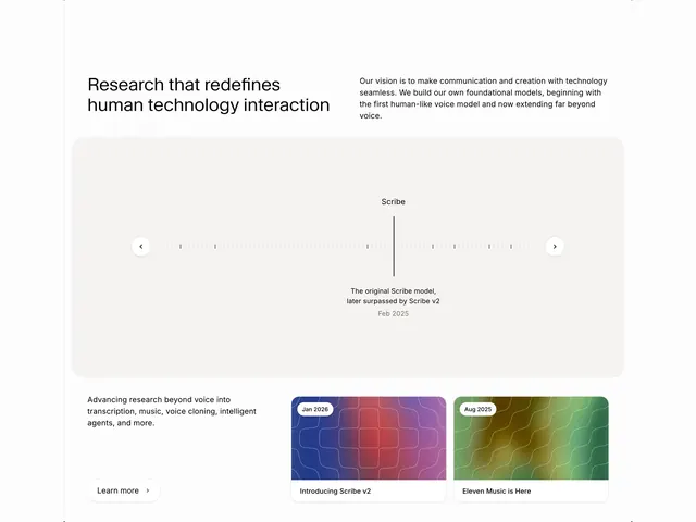 ElevenLabs research timeline section, minimal, light-mode, light