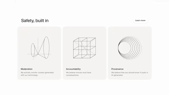 ElevenLabs safety pillars feature grid, minimal, light-mode, light