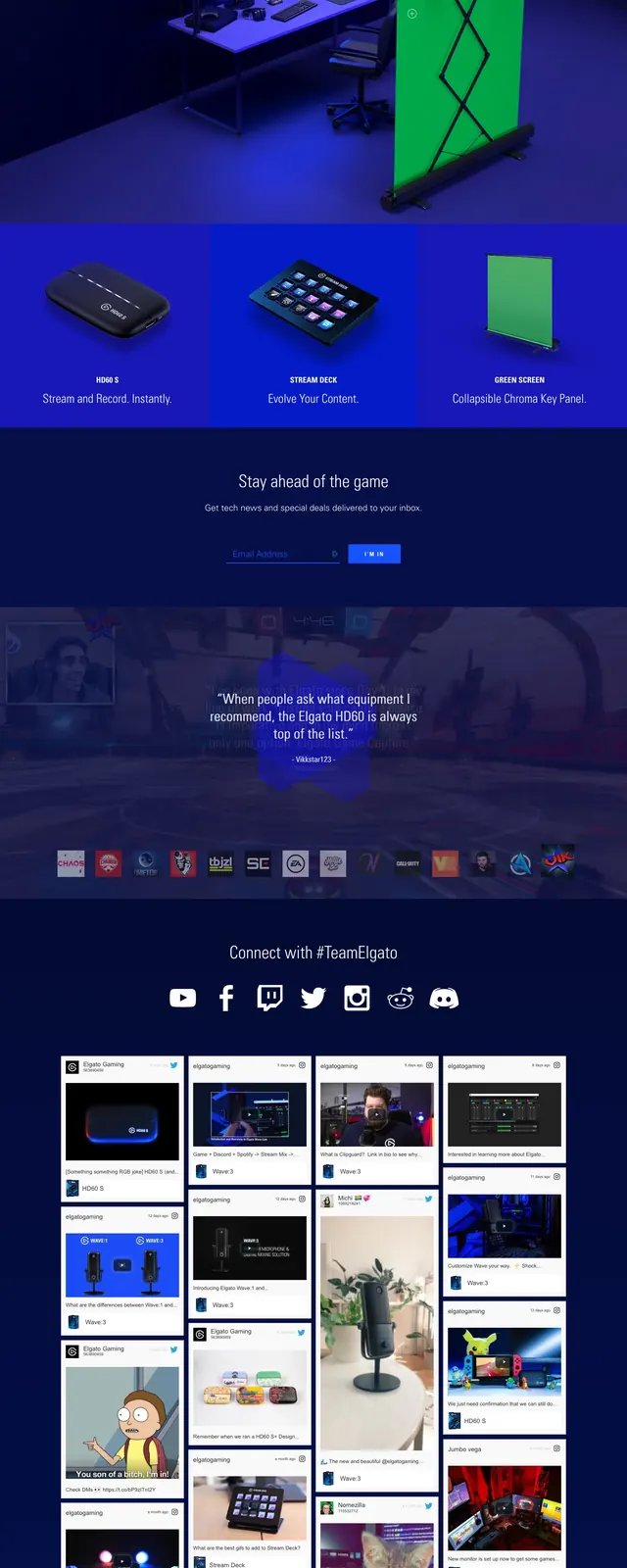 Elgato product landing page, dark-mode, editorial, dark
