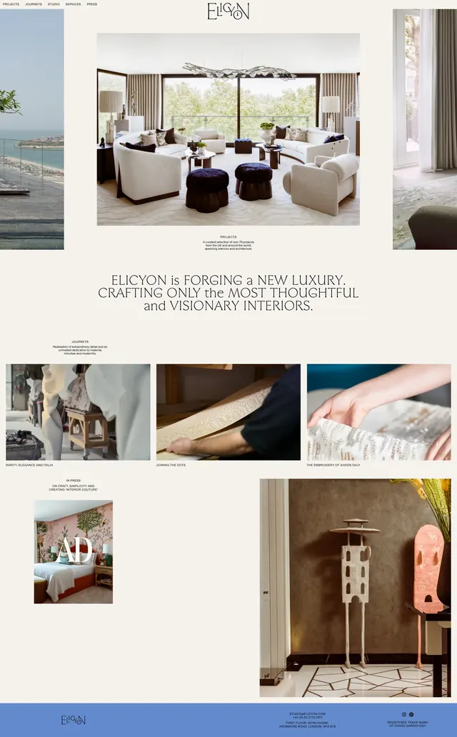 Elicyon luxury interiors homepage, editorial, luxury, light