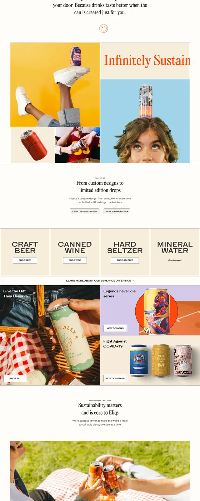 Eliqs beverage ecommerce landing page, editorial, photographic, light