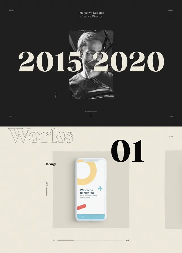 Editorial portfolio hero, editorial, minimal, dark