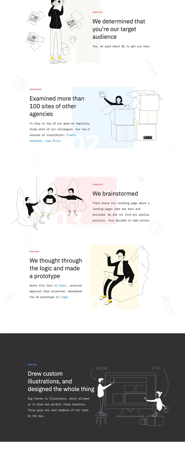 Embacy illustrated landing page, editorial, illustrated, light