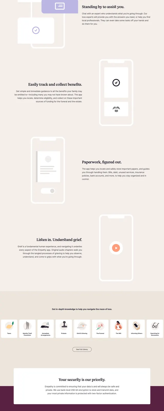 Empathy grief support landing page, editorial, light-mode, light