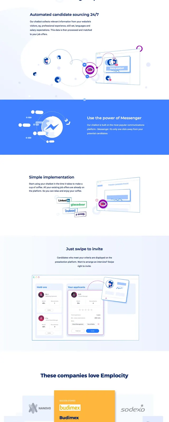 Emplocity HR SaaS landing page, light-mode, illustrated, light