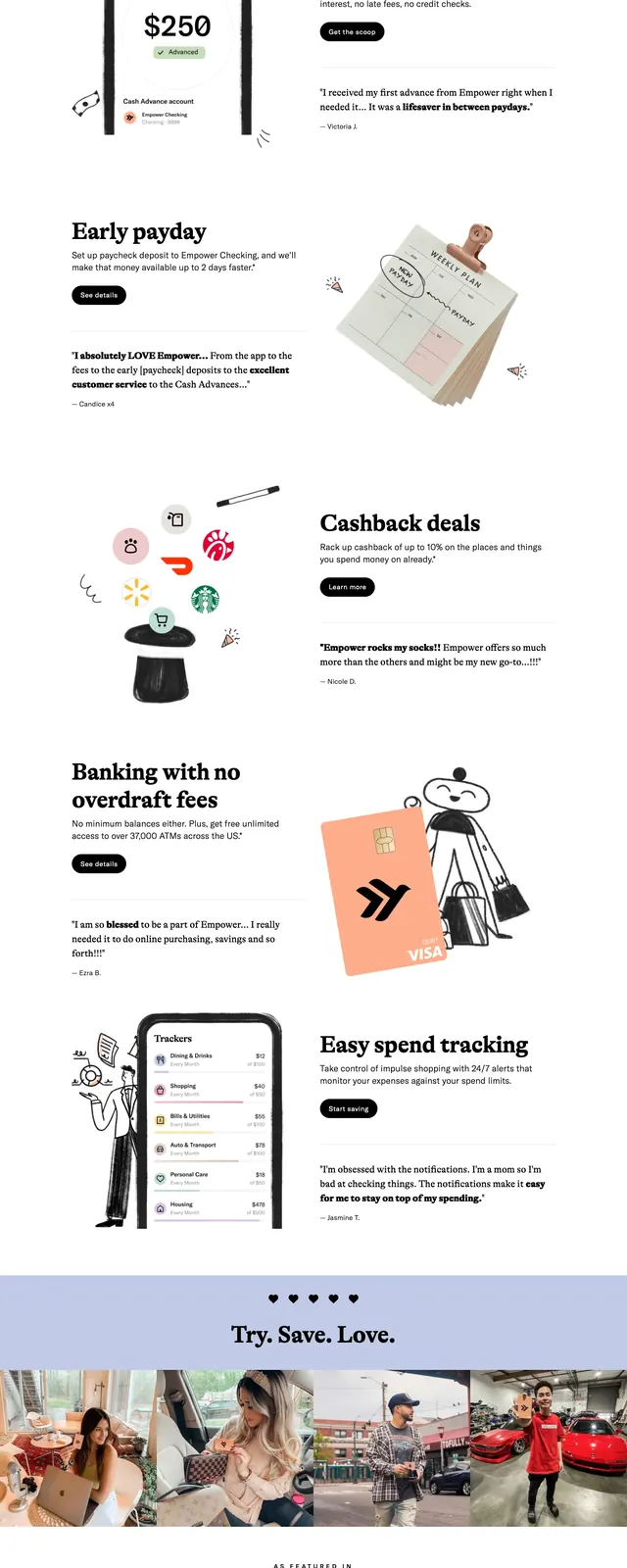 Empower banking landing page, editorial, illustrated, light