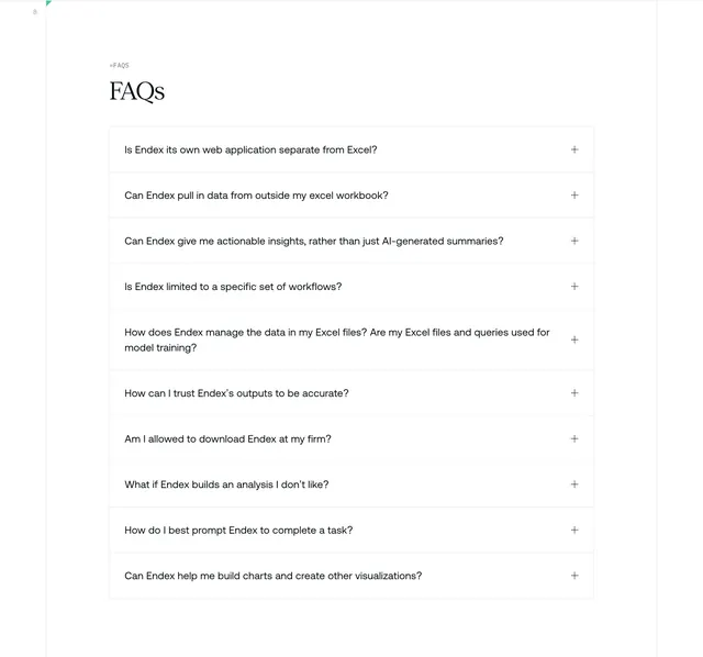Endex serif-headline FAQ accordion, minimal, light-mode, light