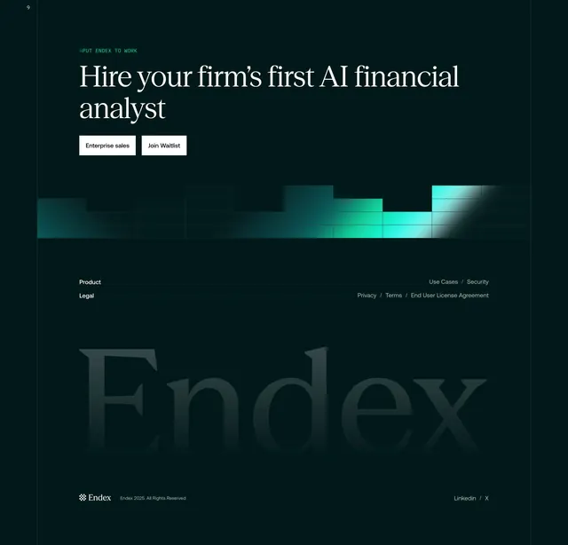 Endex dark footer with oversized wordmark, dark-mode, minimal, dark