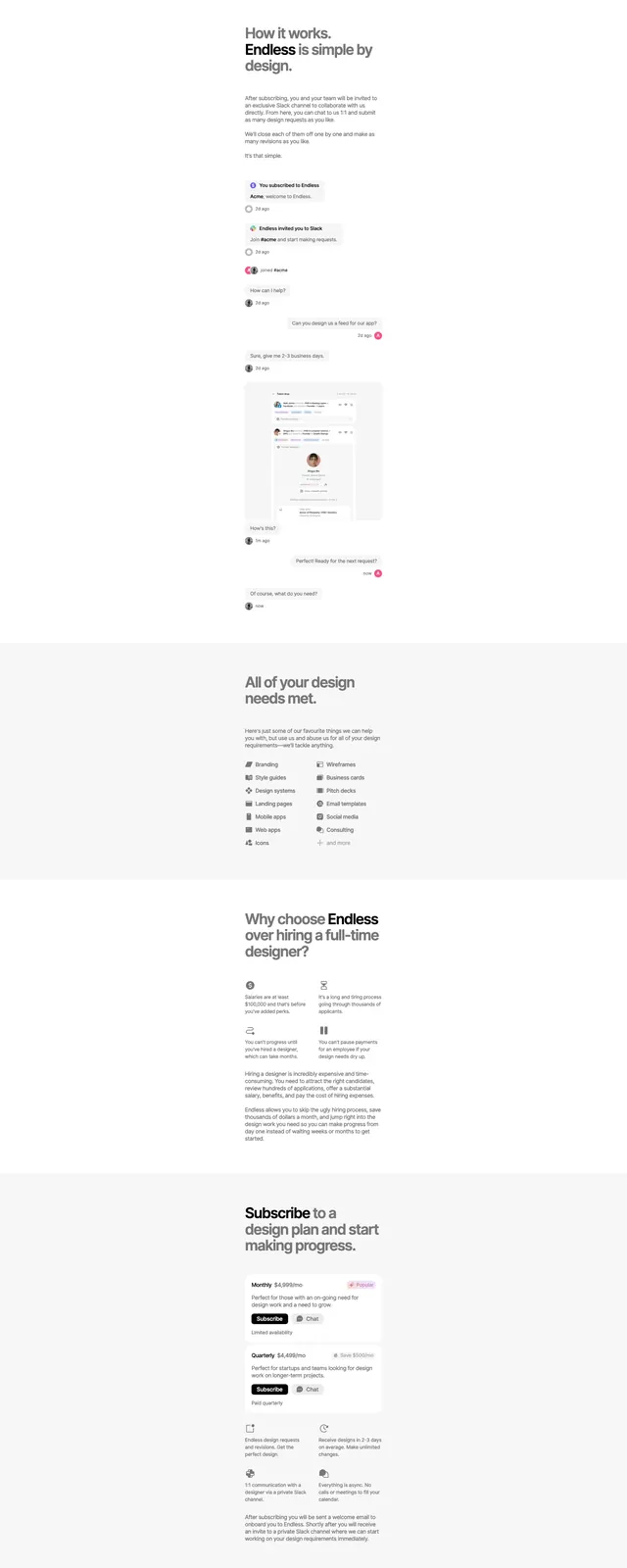 Endless Design landing page, minimal, editorial, light
