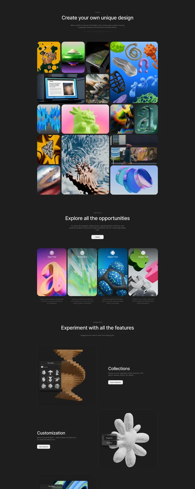 Endless Tools landing page, dark-mode, gradient-heavy, dark